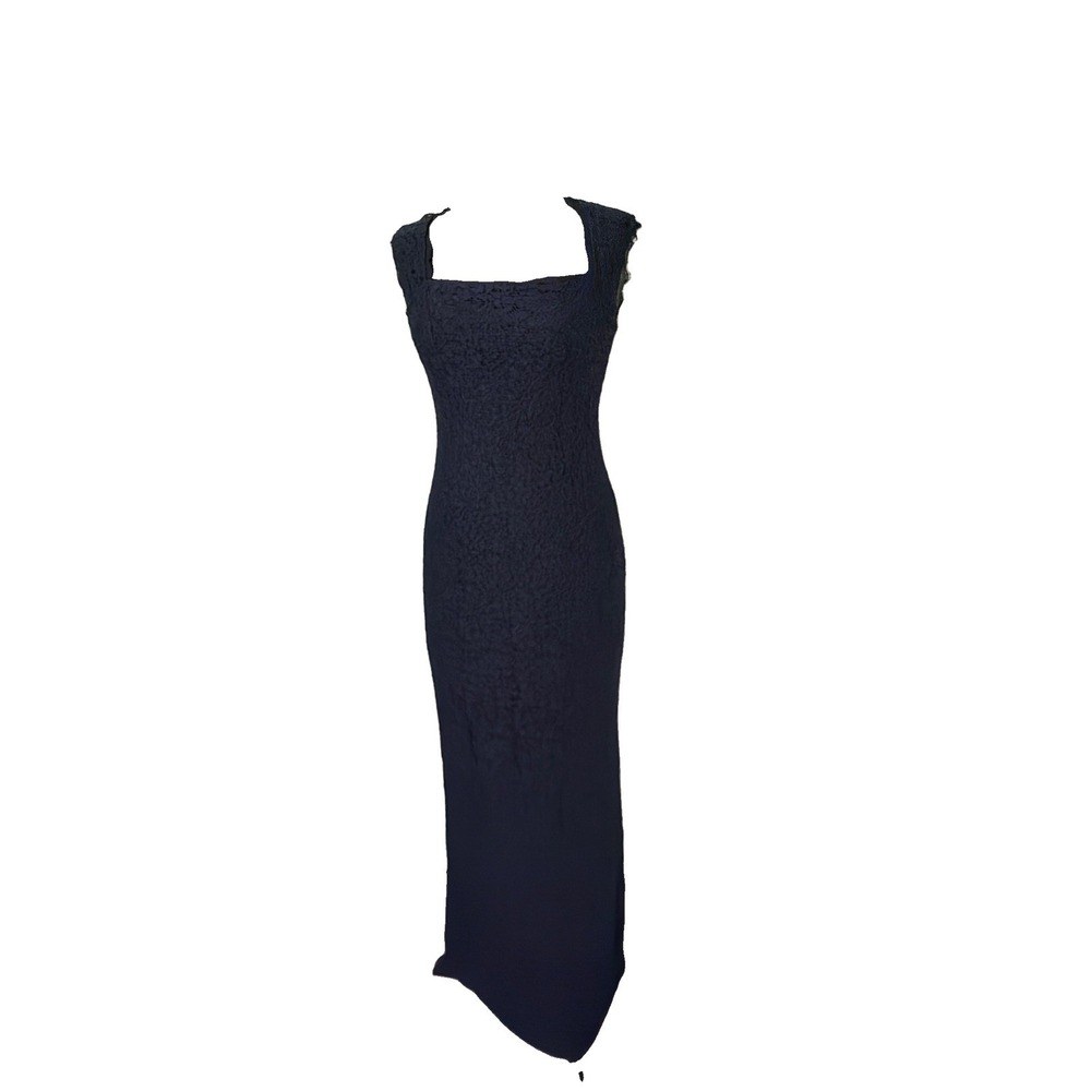 Adrianna Papell Lace Cap Sleeve Open Back Sheath Maxi Dress Navy Blue Size 6